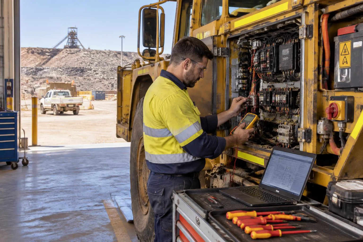 Auto electrician diagnosing a mining machine electrical system in Far West NSW