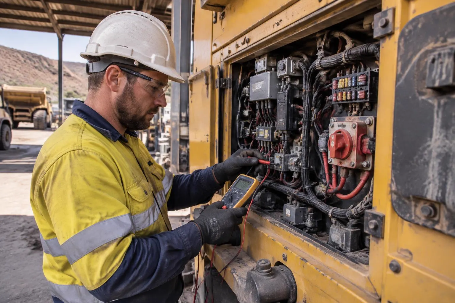 Auto electrician testing a mining machine wiring loom and battery isolator with a multimeter