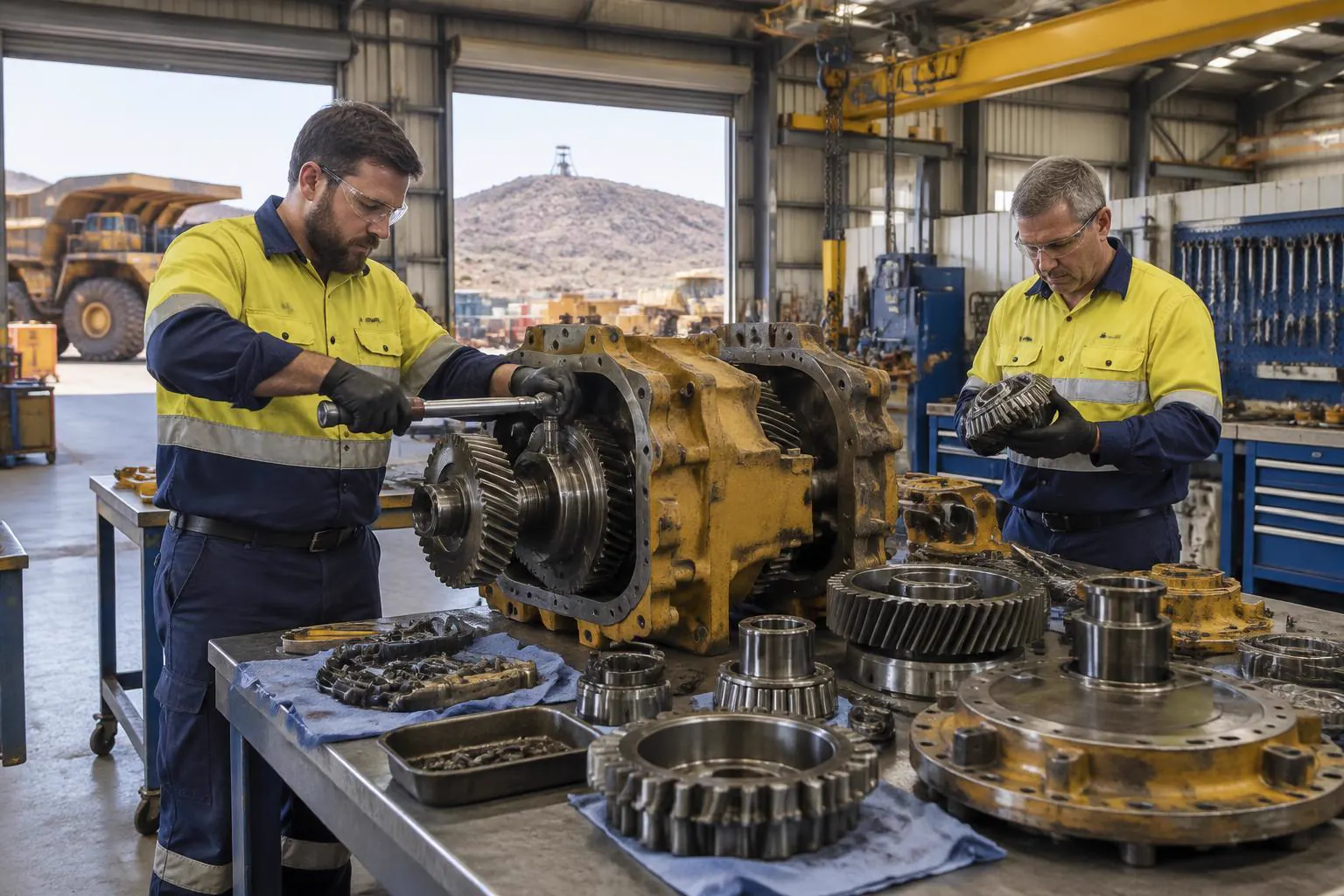 Fitters rebuilding a mining transmission in a Broken Hill component workshop