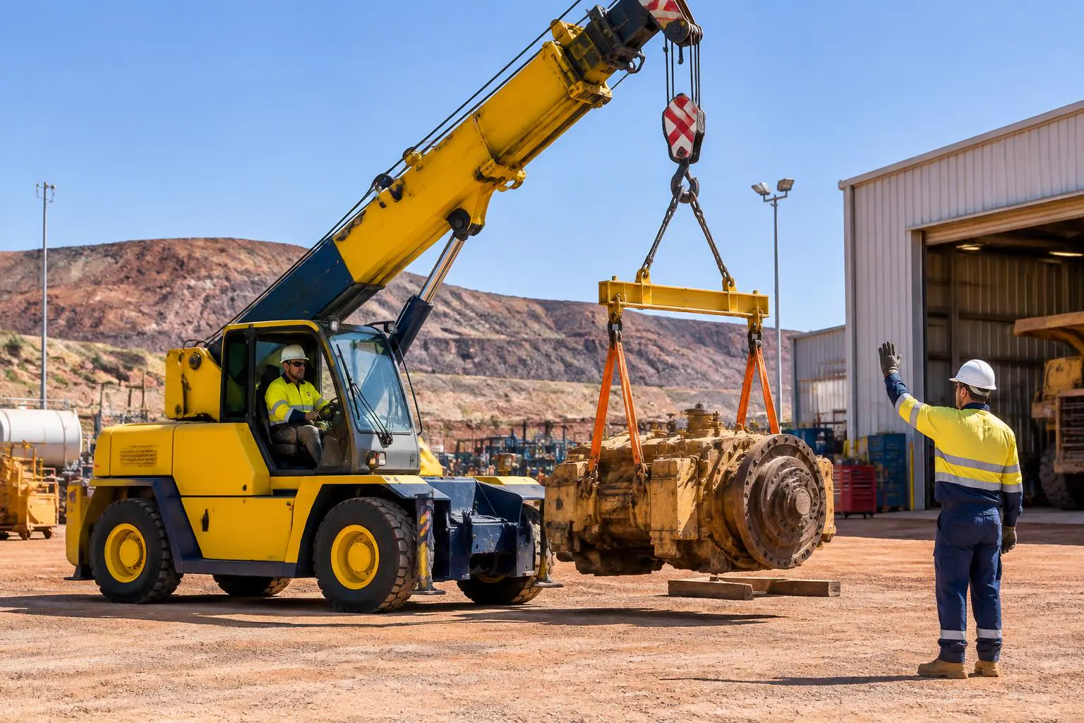 Pick-and-carry crane lifting a mining transmission in a Broken Hill workshop yard