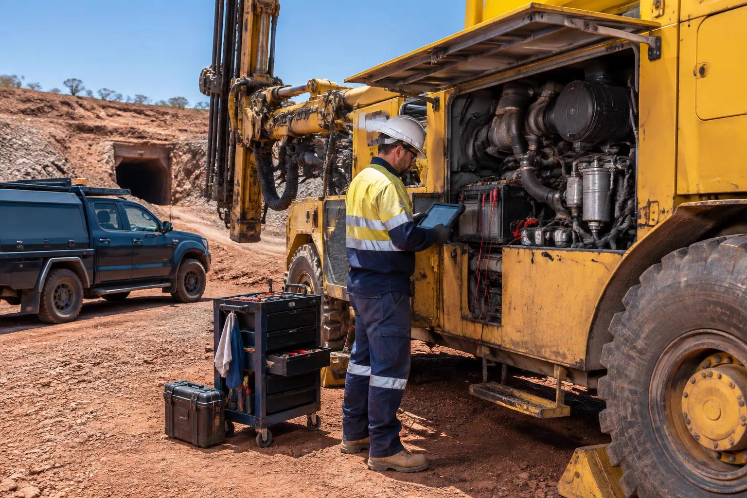 Field service technician diagnosing a drill rig breakdown at a Cobar region mine