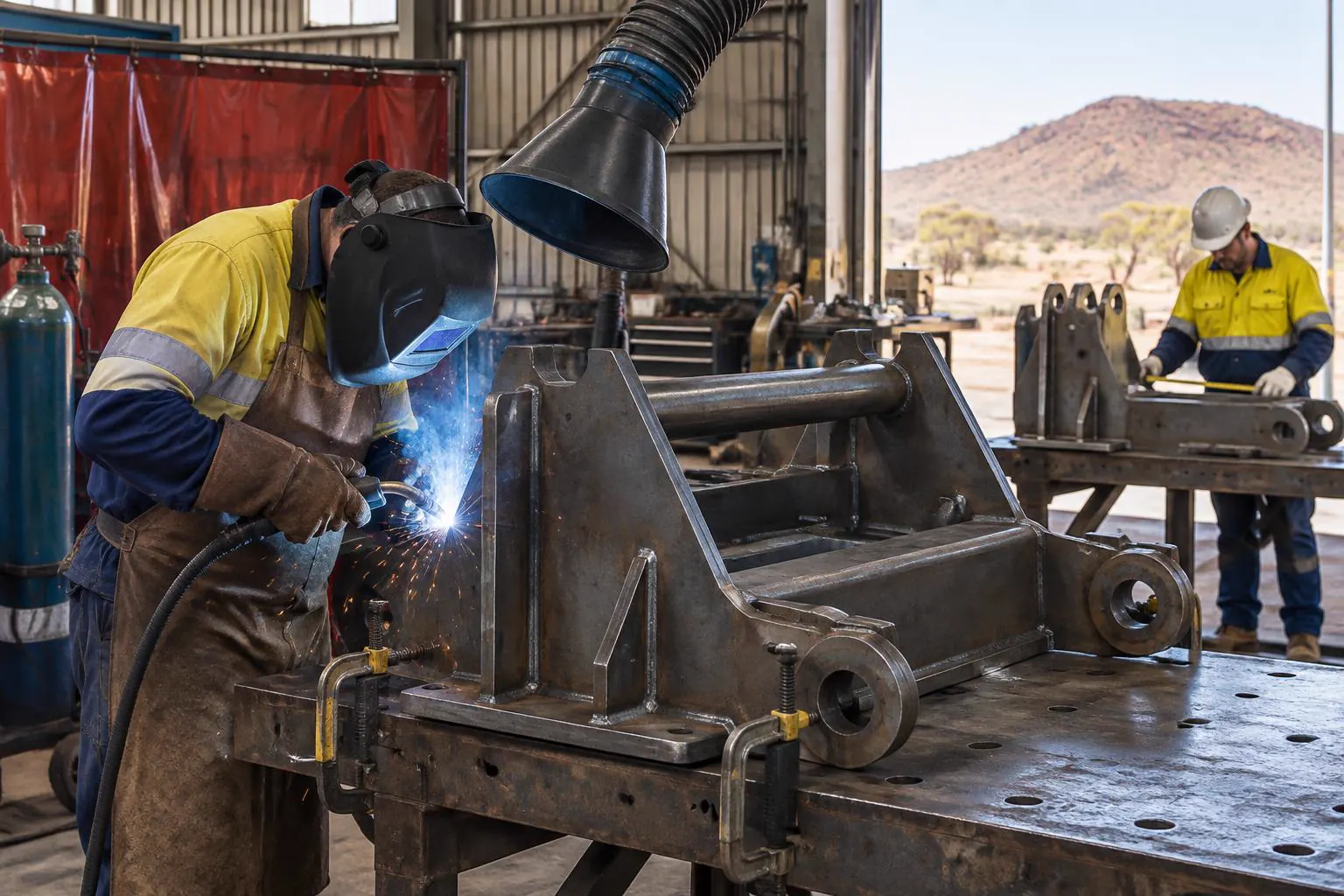 Boilermaker welding a heavy mining equipment frame in a Broken Hill workshop