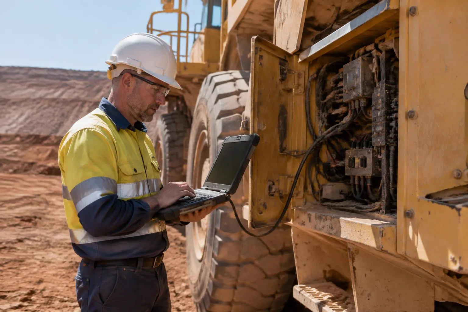 Field service technician running laptop diagnostics on a haul truck at a New South Wales mine