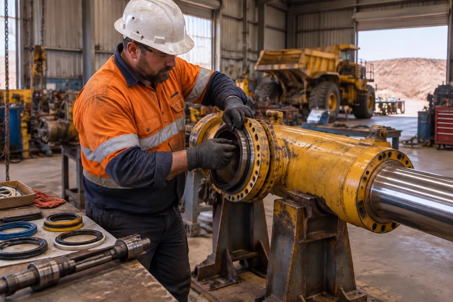 Fitter reassembling a large mining hydraulic cylinder with new seal kits in Far West NSW