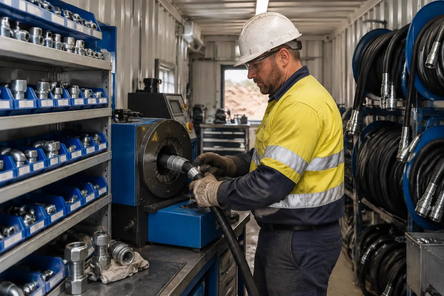 Technician crimping a hydraulic hose beside fittings racks inside a BOA container workshop