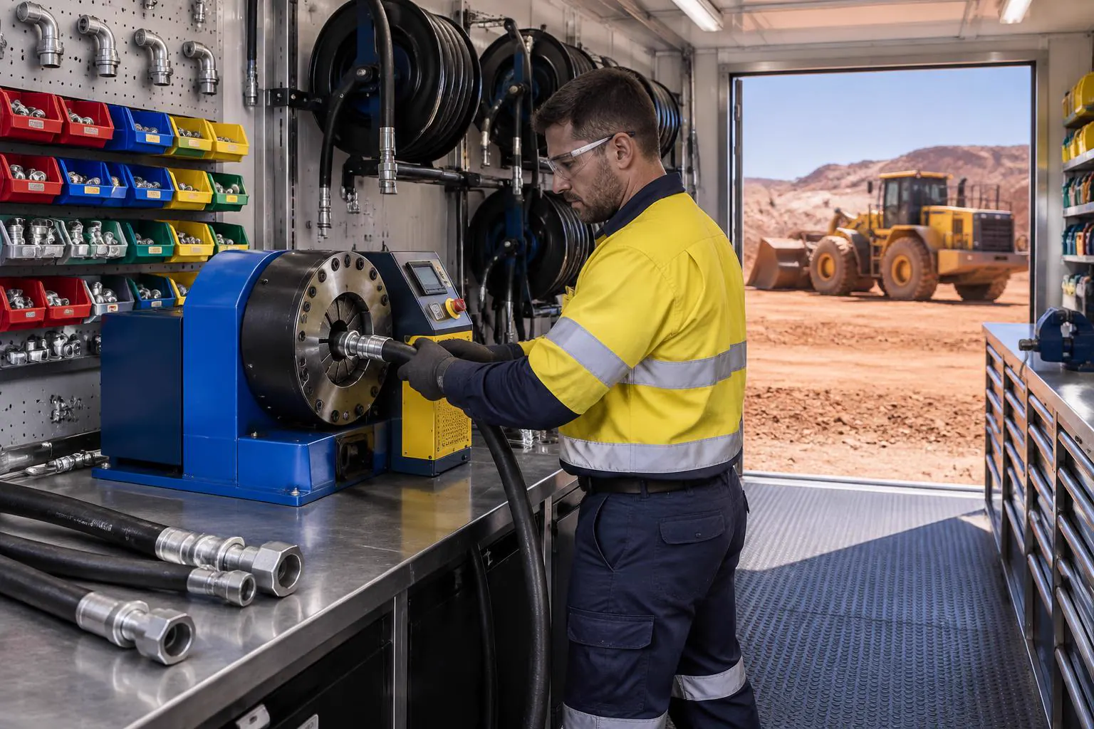 Technician making a hydraulic hose in a mobile workshop at a Far West NSW mine