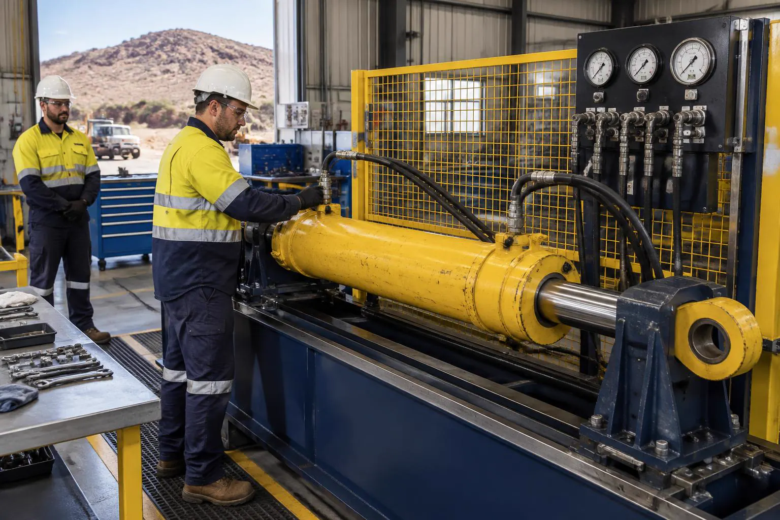 Technician pressure testing a mining hydraulic cylinder in a Broken Hill workshop