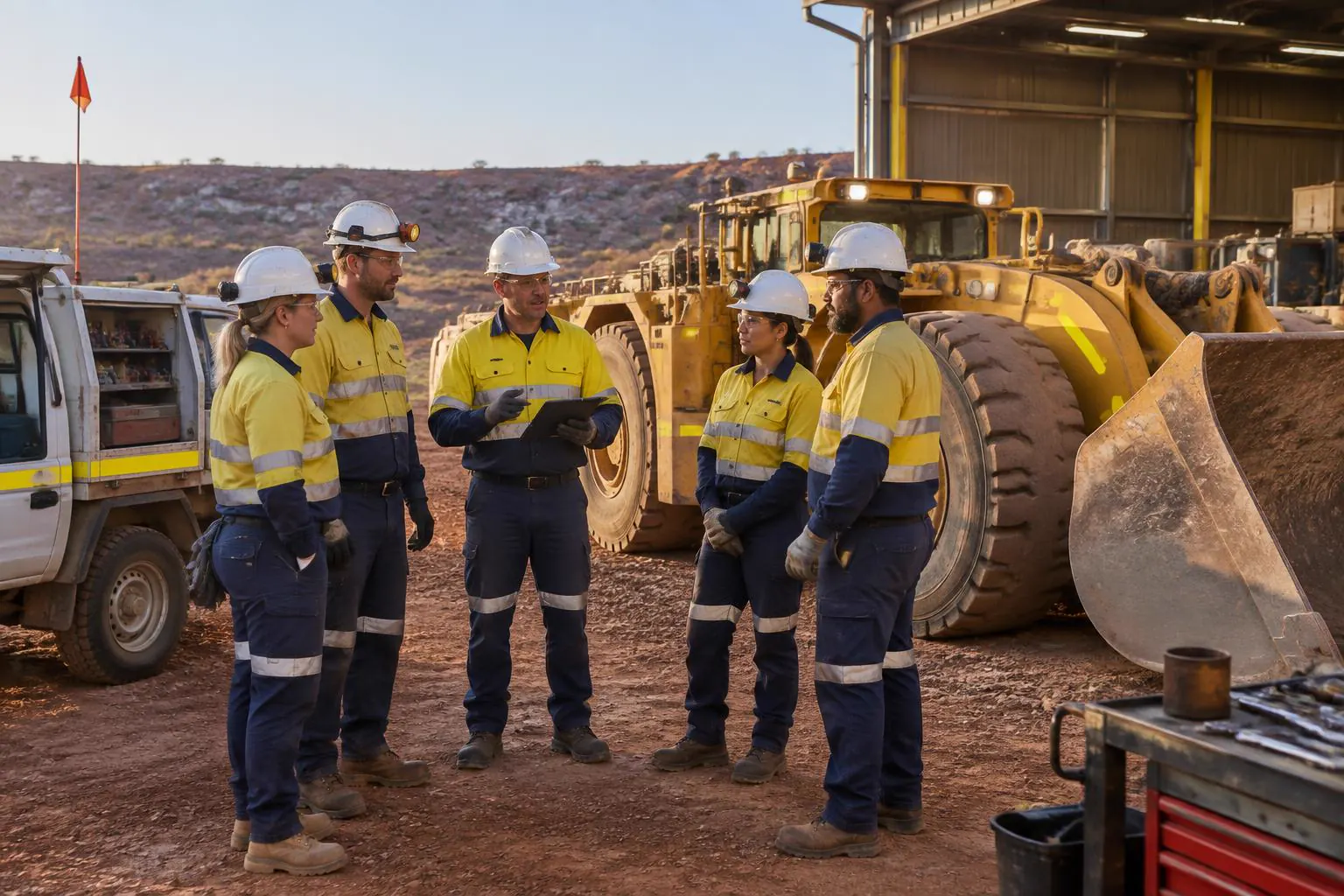 Mining maintenance crew holding a pre-start discussion at a Far West NSW mine