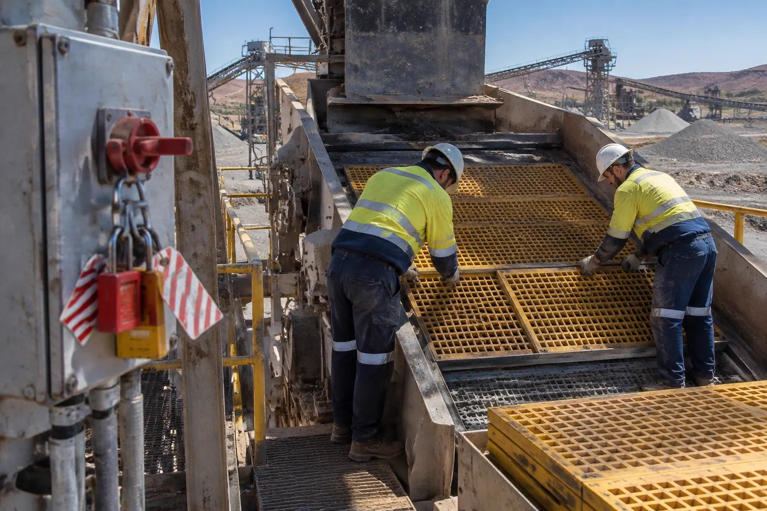 Tradespeople replacing vibrating screen panels with isolation tags fitted during a planned shutdown