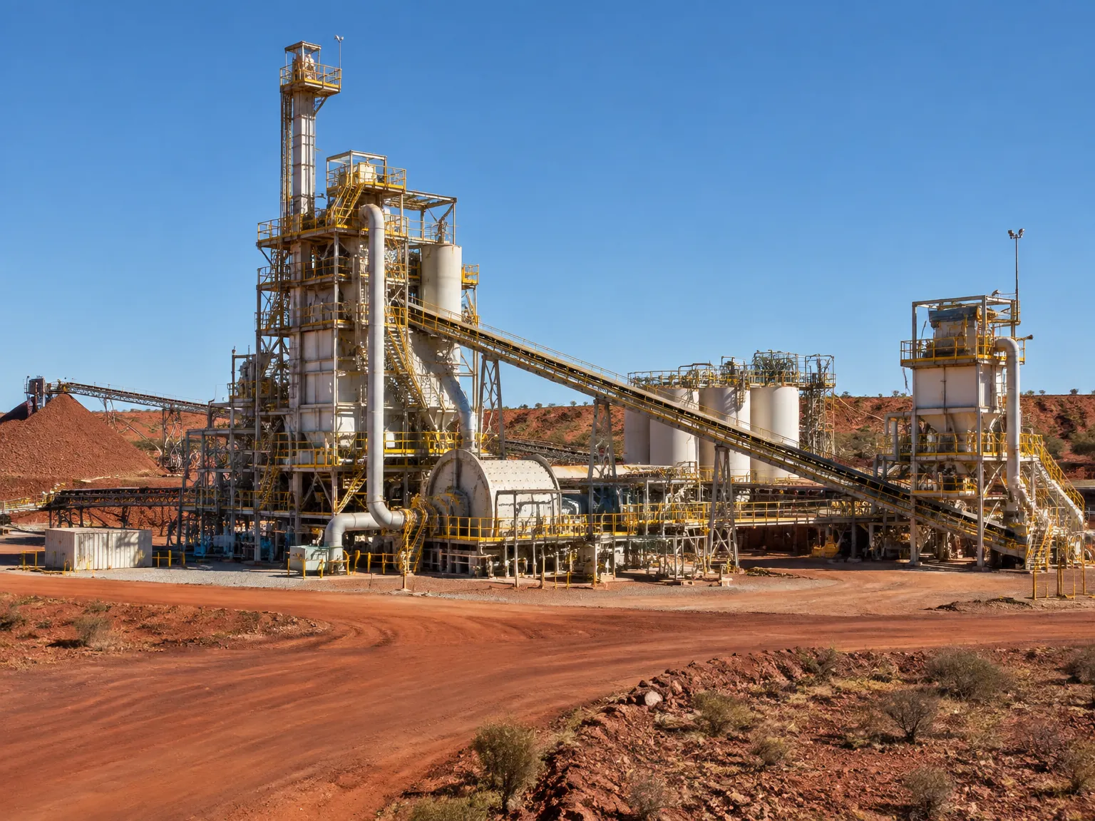 Ore processing plant towers and conveyors at an outback Australian mine site
