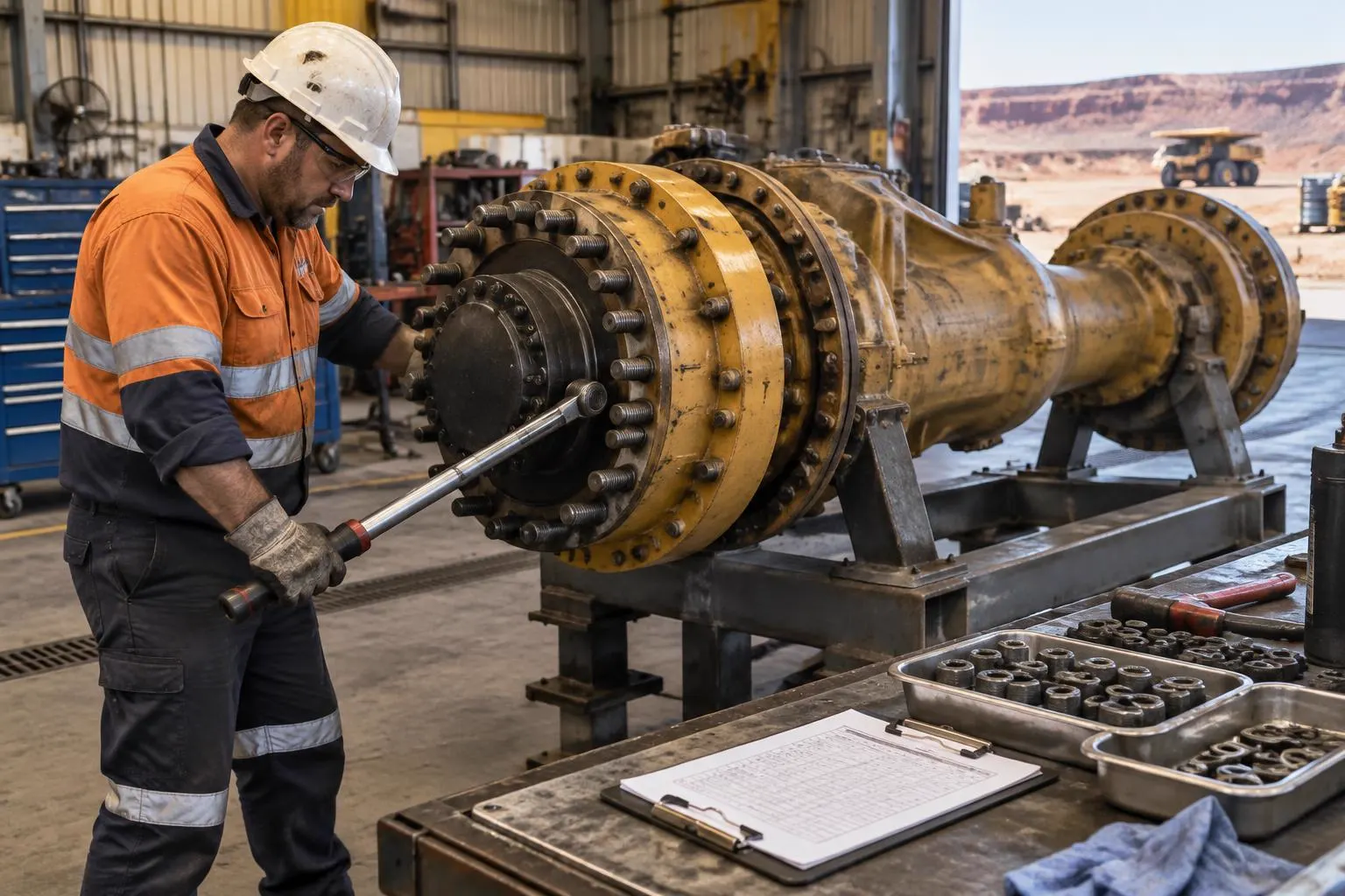 Fitter torque checking a rebuilt haul truck axle assembly on a workshop stand in Broken Hill