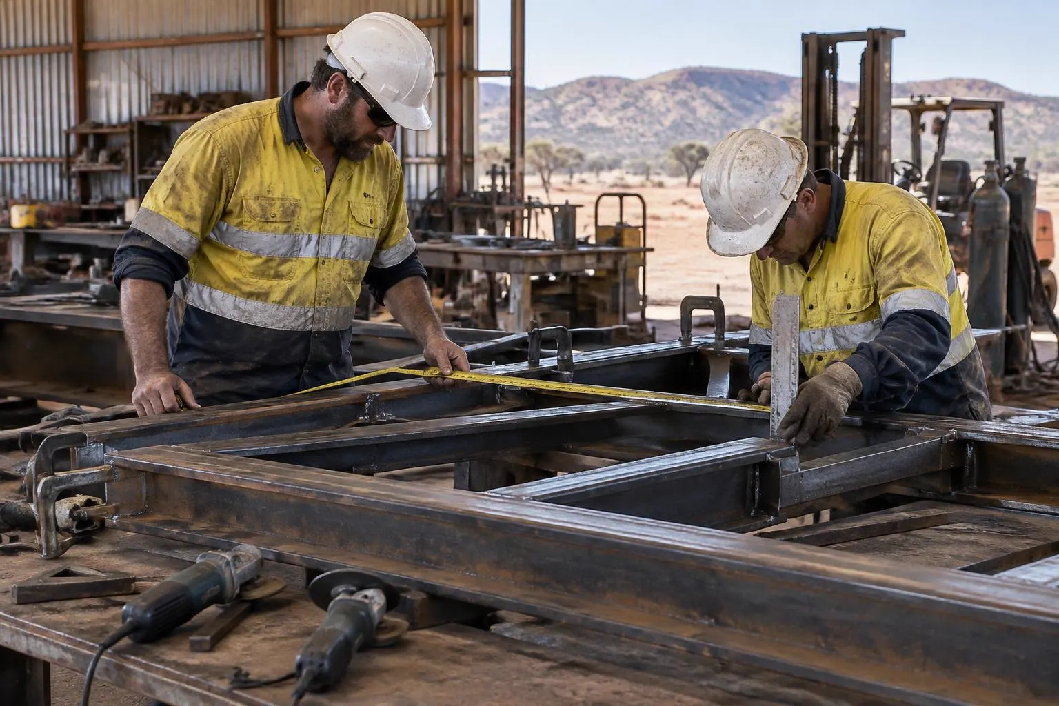 Tradespeople measuring a fabricated steel frame on a layout table in outback New South Wales