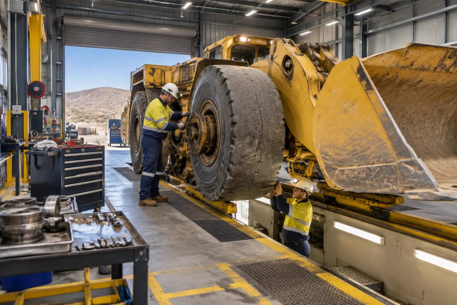Mechanics overhauling an underground loader in a Broken Hill mining workshop
